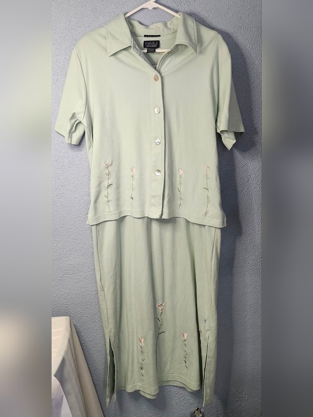Soft Sage Green Embroidered 2 Pc Maxi Dress by HMJ